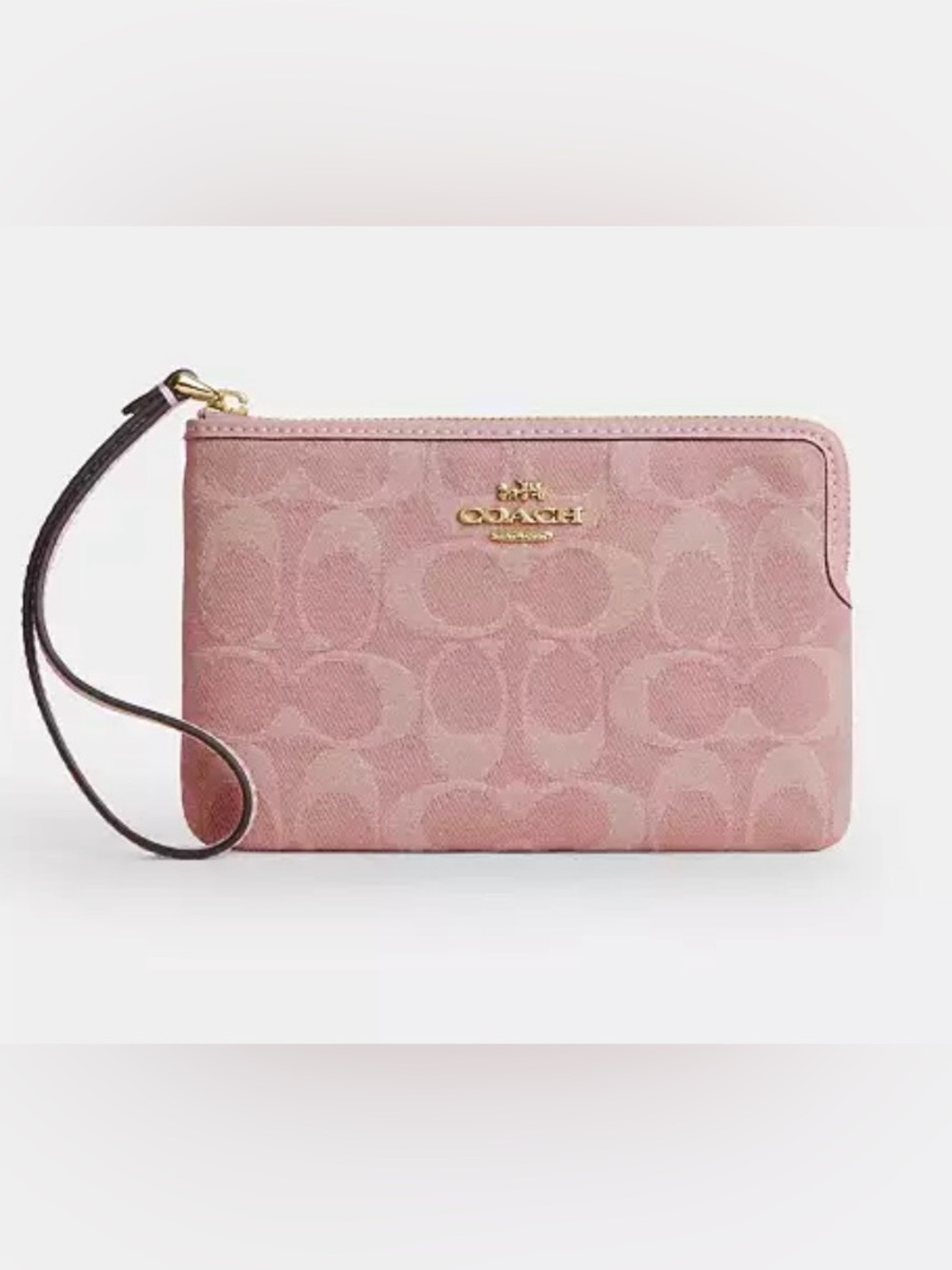 Coach Pink Corner Zip Wristlet In Signature Denim